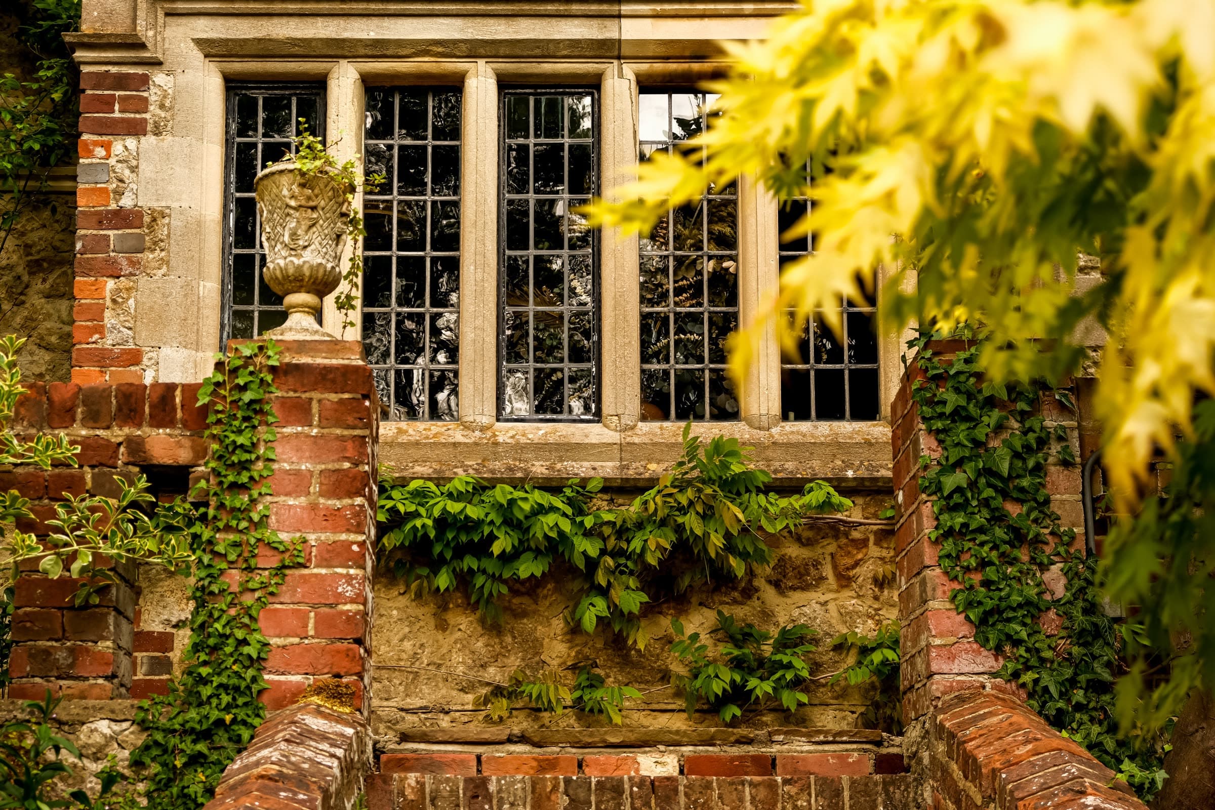 A leaded window on a period house, brick and stone under ivy.